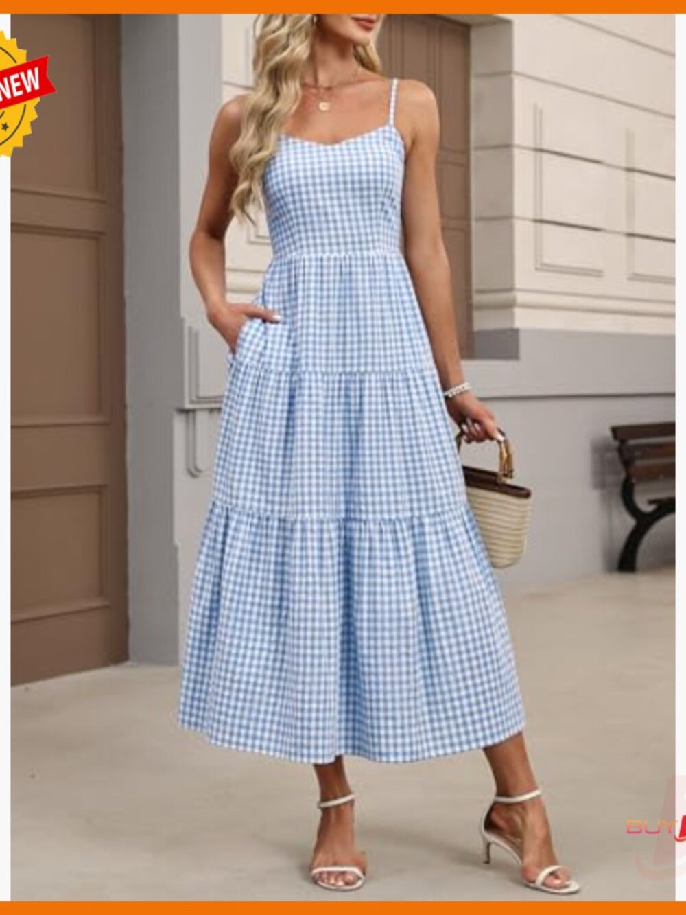 Sleeveless Striped Plaid Midi Maxi Dress, 100% Rayon, Adjustable Straps, Pockets - Picture 6 of 7